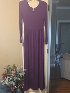 Elegant Purple Long-Sleeve Maxi Dress with Scoop Neck And Pockets